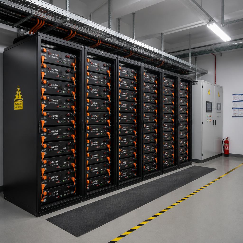 Tủ pin lưu trữ áp cao LiFePO4 nhiều module xếp rack, góc chụp toàn cảnh, trong phòng kỹ thuật nhà máy