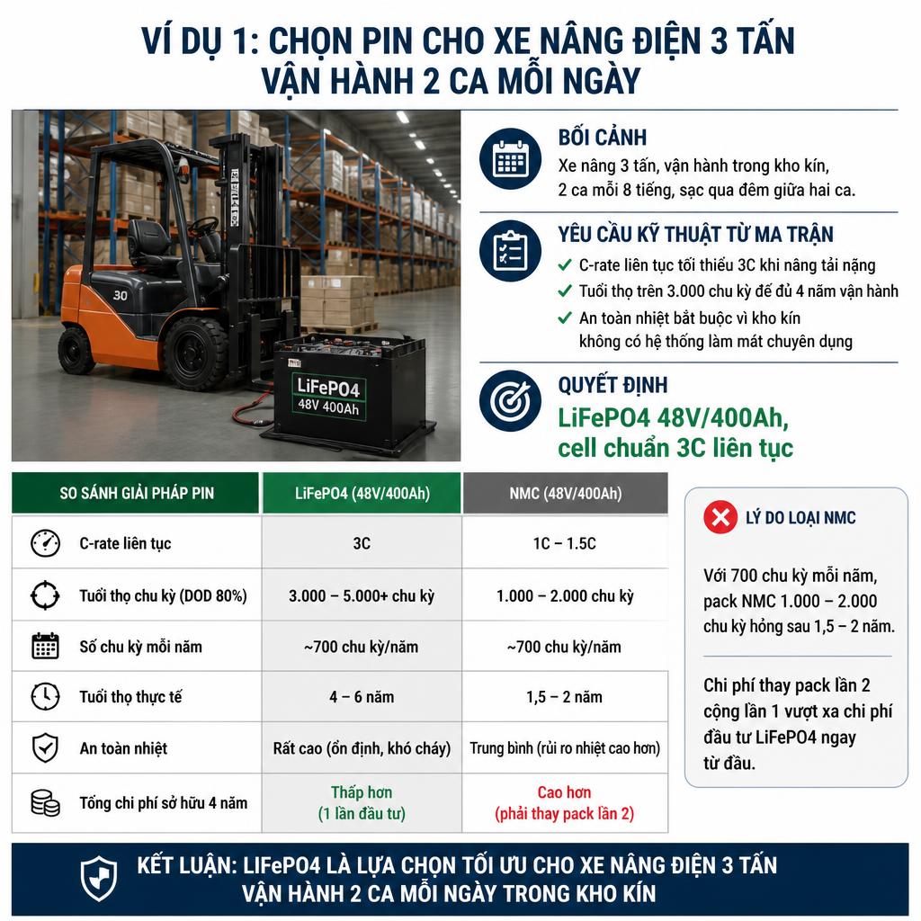 Xe nâng 3 tấn, 2 ca/ngày: LiFePO4 là lựa chọn tối ưu
