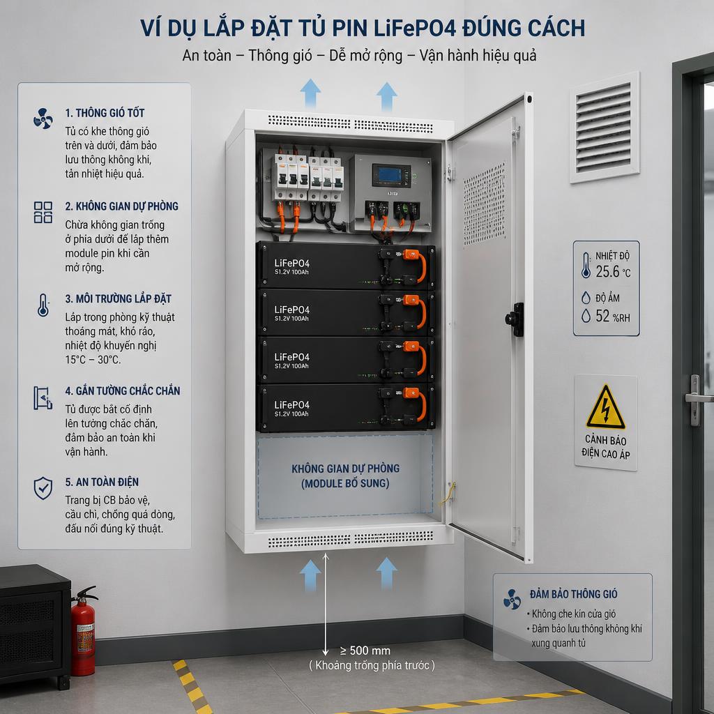 Ví dụ lắp đặt tủ pin LiFePO4 đúng cách, tủ điện có khoảng thông gió, không gian dự phòng module bổ sung, gắn tường trong phòng kỹ thuật thoáng mát