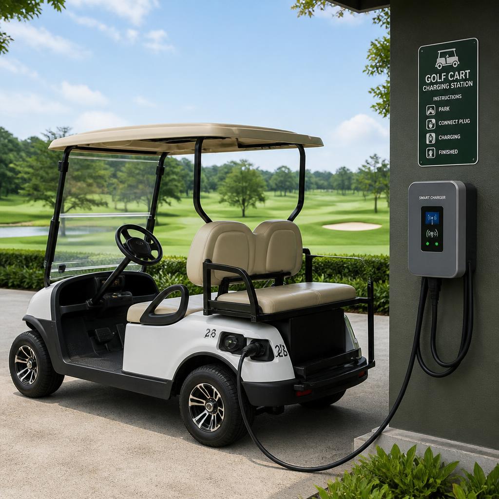 Xe golf cart 4 chỗ đang cắm sạc tại bãi sạc sân golf, nhìn thấy bộ sạc và dây kết nối với pack pin, ánh sáng ban ngày, bối cảnh sân golf xanh phía sau