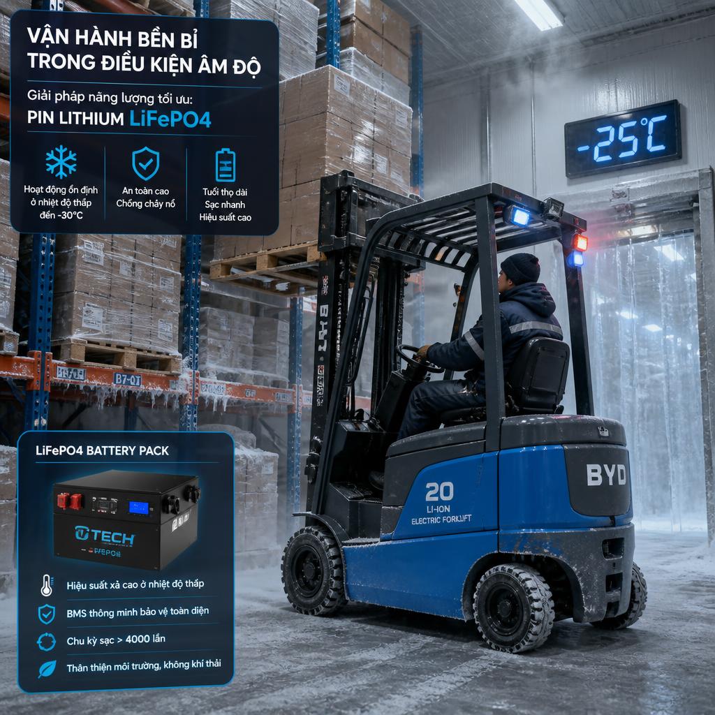 Xe nâng điện đang hoạt động trong kho lạnh âm độ, thể hiện môi trường vận hành khắc nghiệt cần pack pin LiFePO4 chịu nhiệt thấp