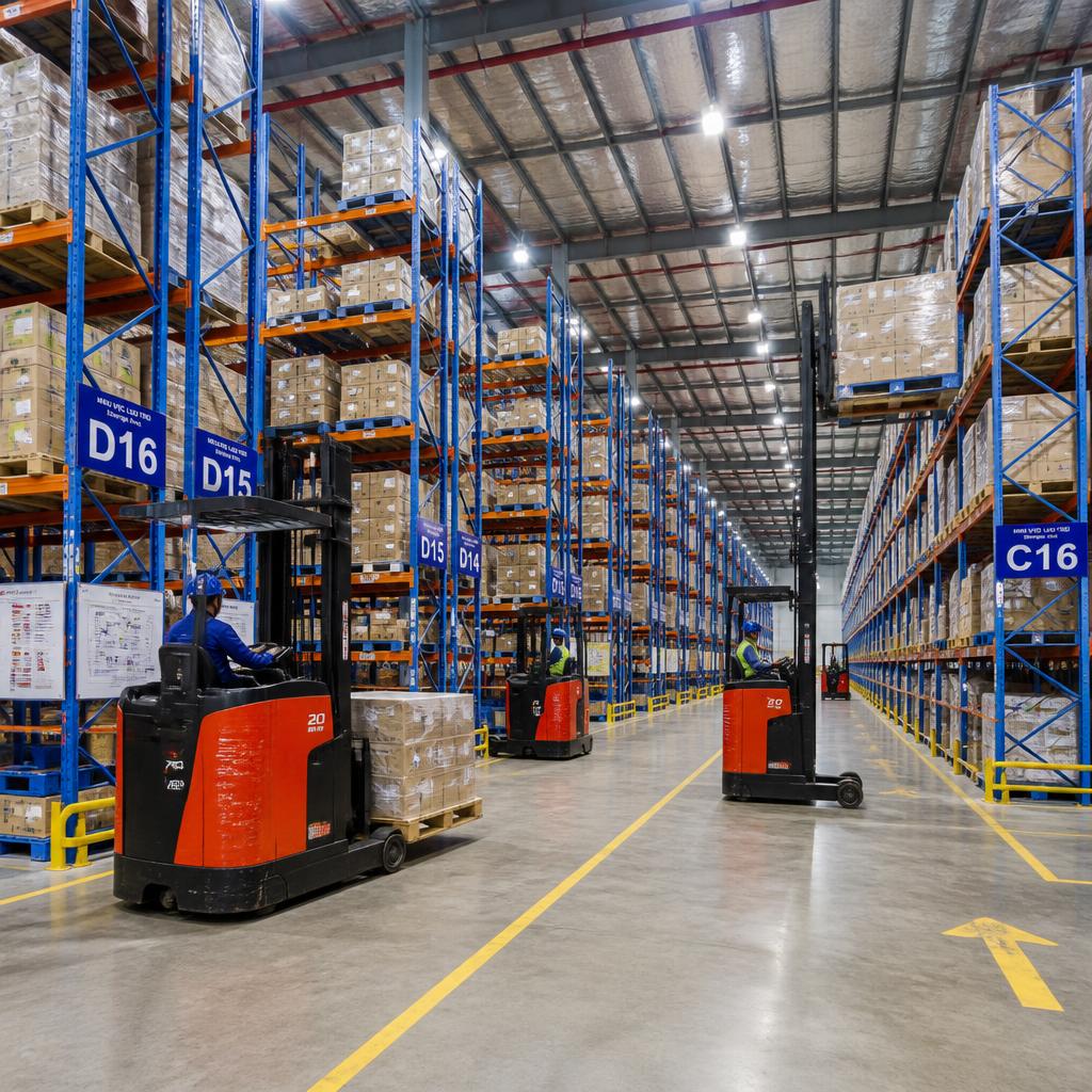 Xe nâng điện đang vận hành trong kho logistics rộng, chụp góc rộng thể hiện nhiều xe hoạt động đồng thời trên các lối đi giữa kệ hàng cao