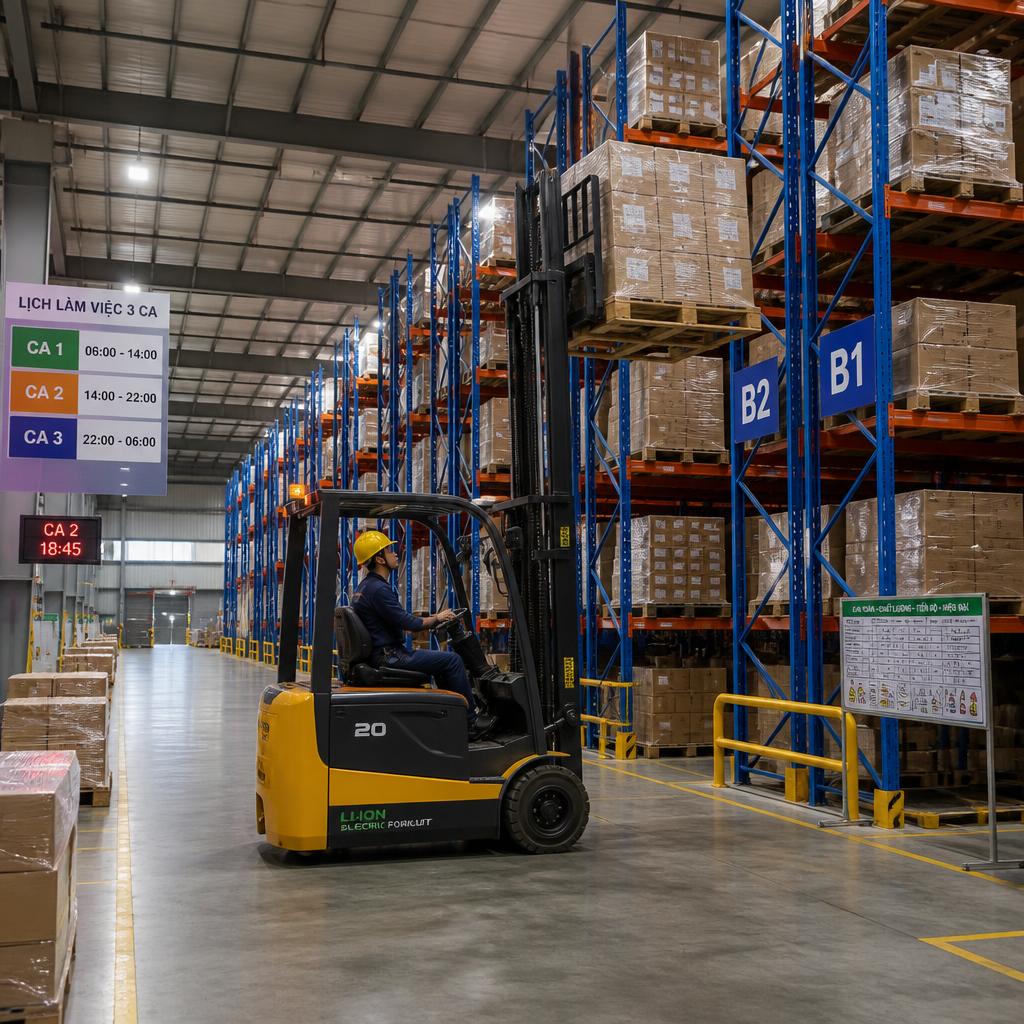 Xe nâng điện đang vận hành trong kho hàng 3 ca, góc chụp rộng thể hiện không gian kho và xe đang nâng pallet