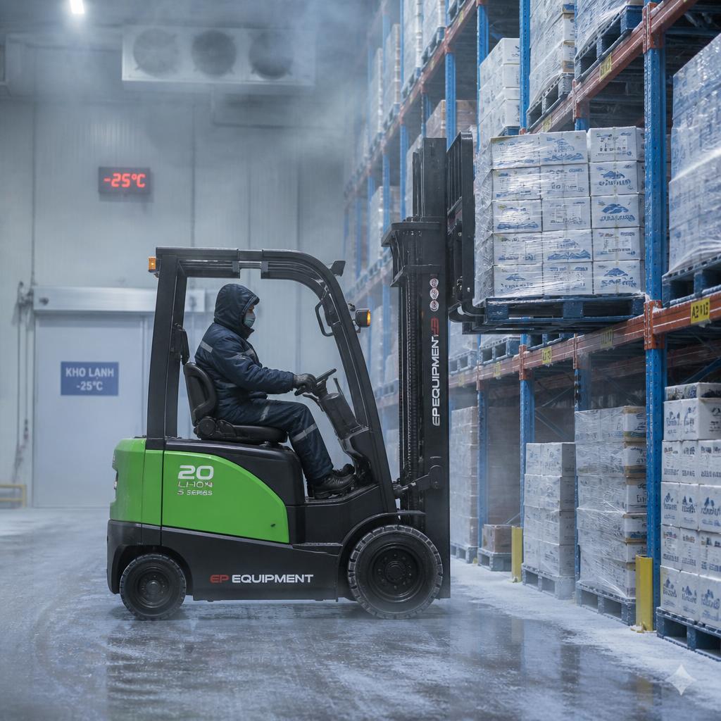 Xe nâng điện lithium đang vận hành trong kho lạnh âm độ, góc chụp từ bên hông, thấy rõ hơi lạnh và hàng hóa trên giá